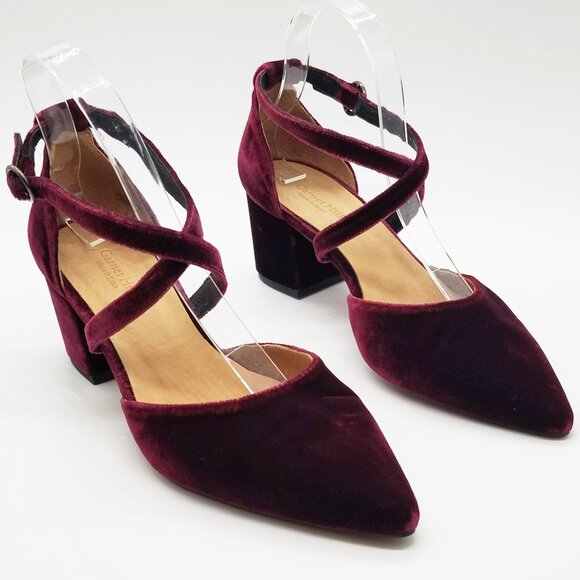 Garnet Hill Shoes - Garnet Hill Esta Crossover Strap Block Heels Burgundy Velvet Size 38 Pointy Toe